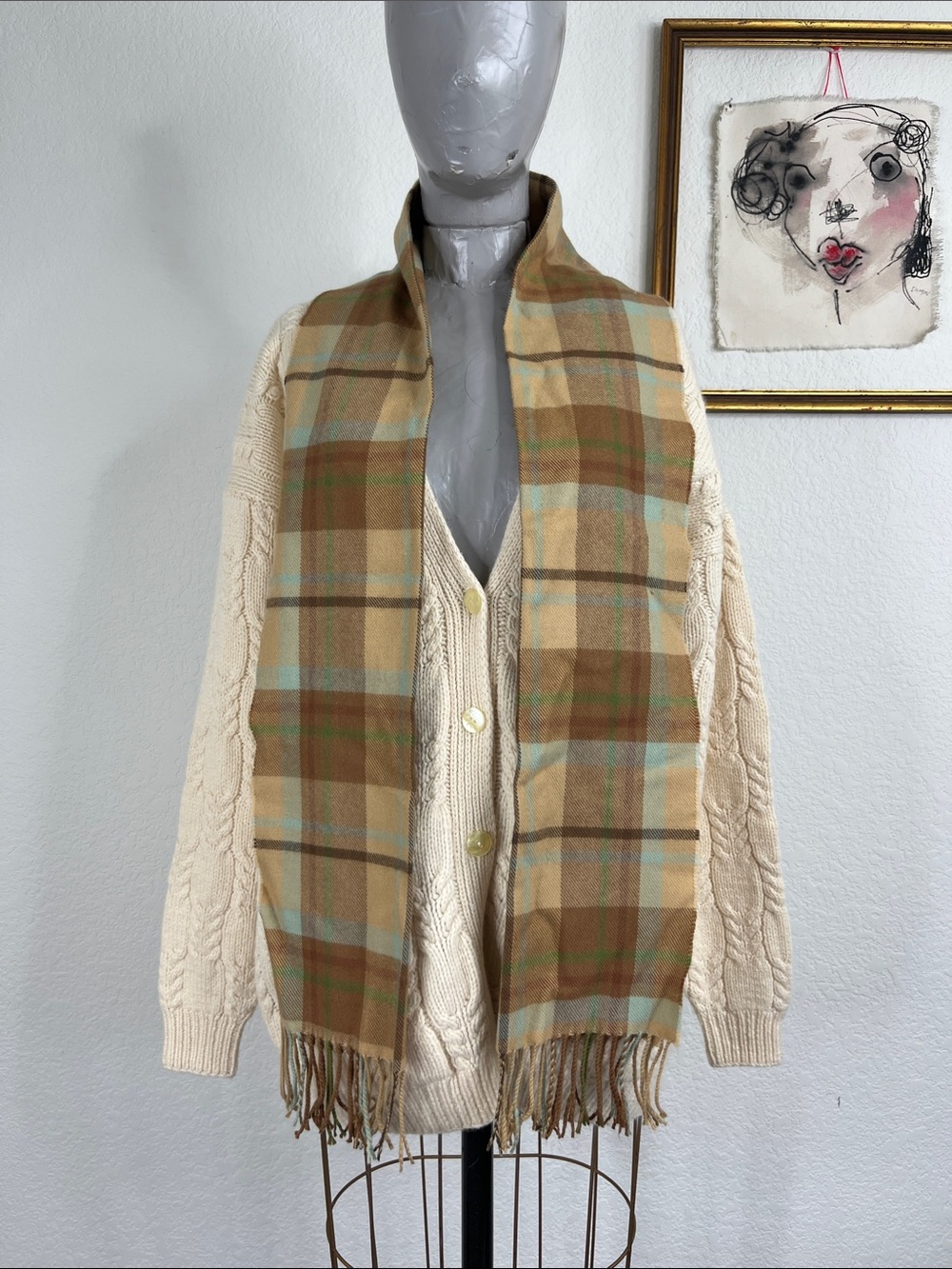 VTG Cashmere Plaid Gridded Fringed Scarf Germany